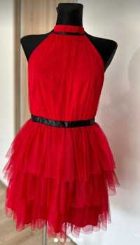 Sukienka Emu M, czerwona tiul, wiązana na szyi