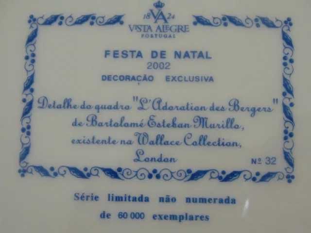 Prato de Natal, porcelana Vista Alegre, ano 2002 - Edição limitada