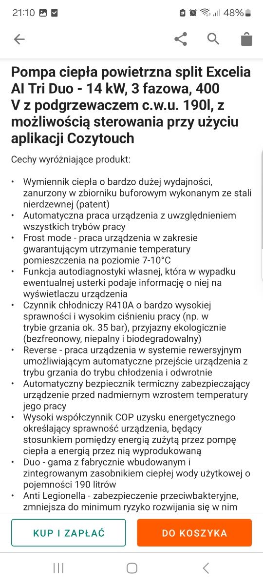 Wydajna Pompa ciepła powietrzna split Excelia AI Tri Duo 14 kW 400 V