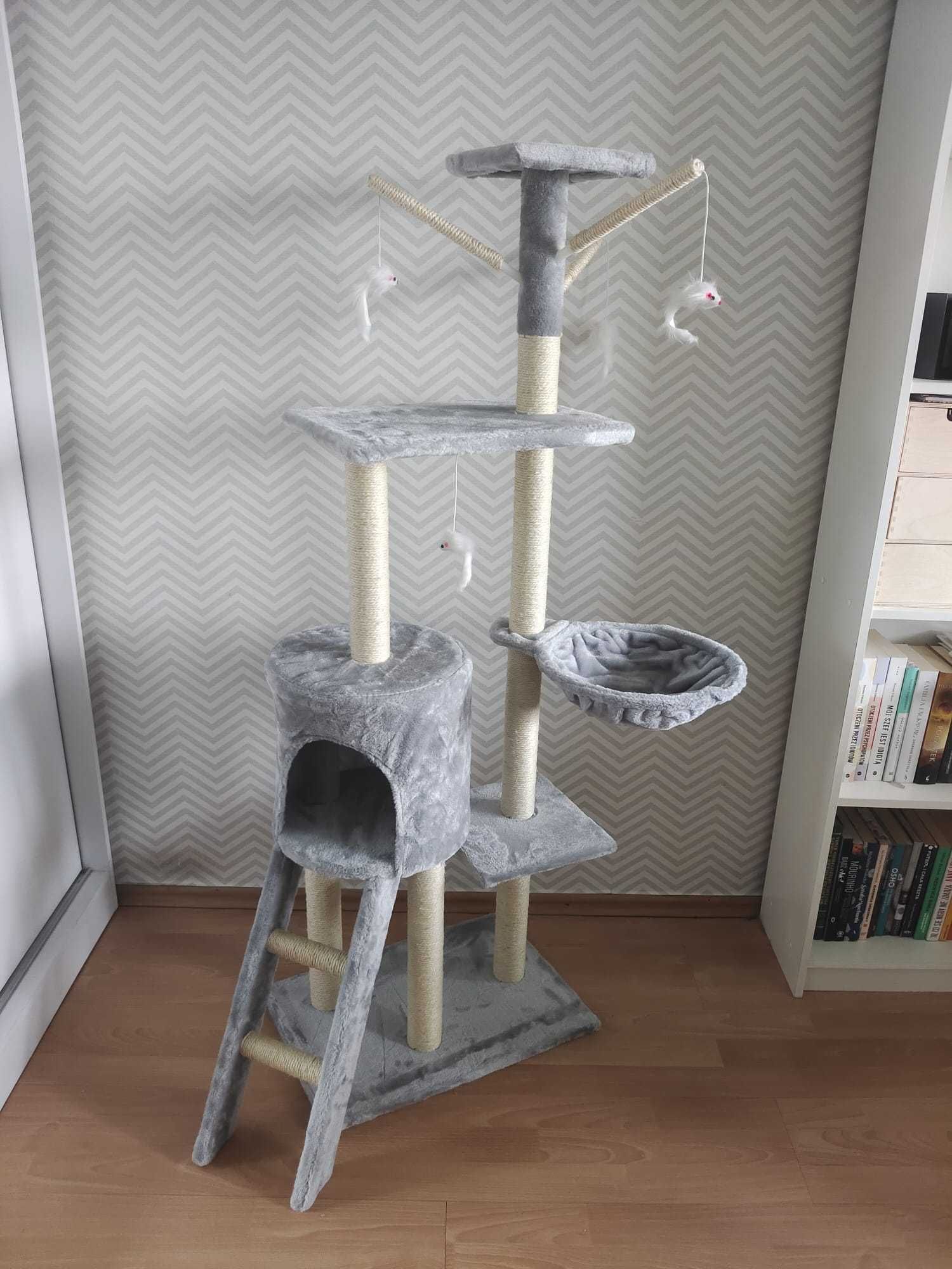 NOWY drapak dla kota z domkiem, drabinką, legowiskiem, myszkami; 140cm