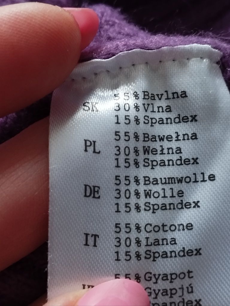 Sukienka mini fioletowa z długim rękawem, S 36. XS 34. Wełna, bawełna,