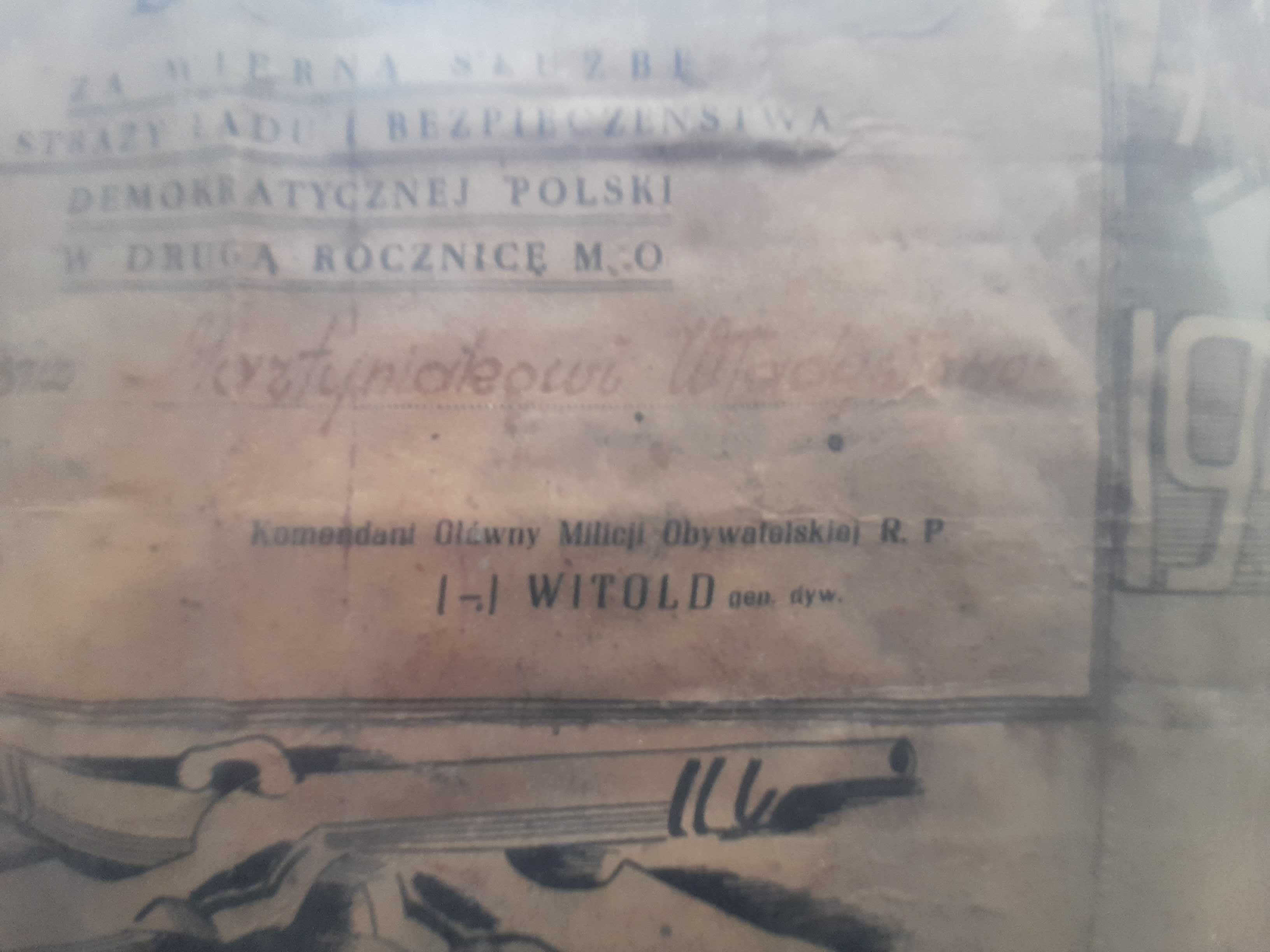 Mo milicja 1946 dyplom KGMO RP nie PRL ps. Witold. Oryginalny for. A4