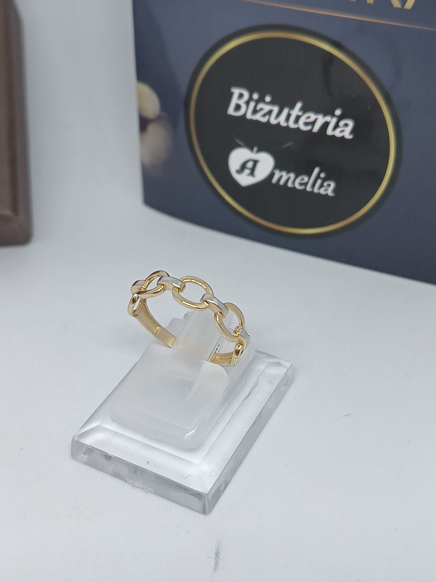 Piękny prosty złoty pierścionek przeplatanka bicolor złoto pr 585