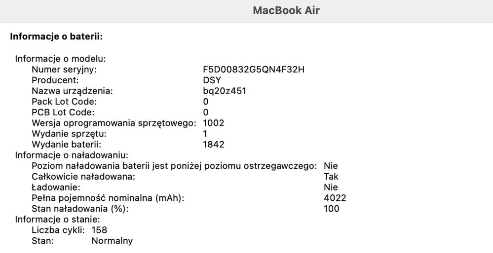 MacBook Air 13” 2020 i3 / 8GB / 256GB Retina / tylko 158 cykli baterii