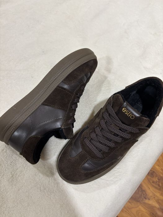 Кеди шоколадні на хутрі натуральна замша/шкіра 23,5см