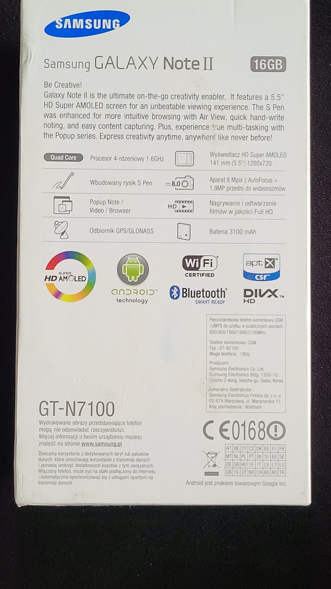 Samsung Note 2 N7100 2/16GB komplet polska dystrybucja