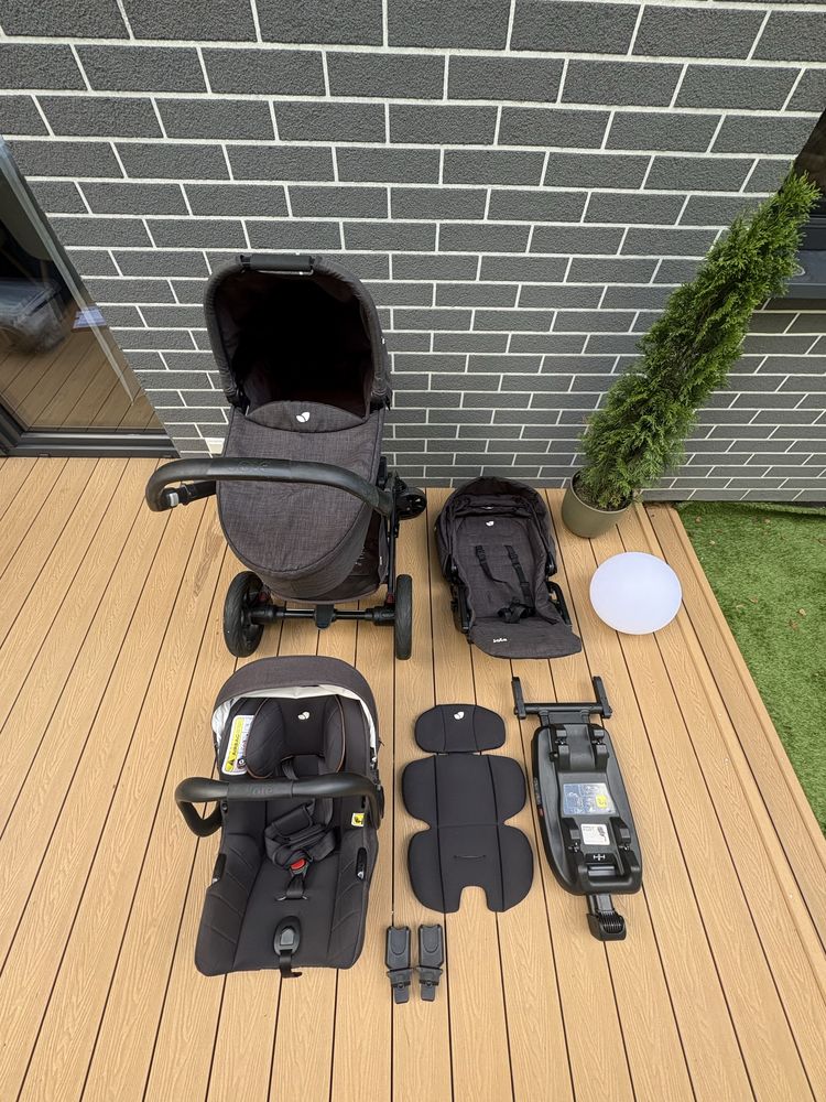 Wózek Joie 3w1+baza samochodowa isofix+dodatki