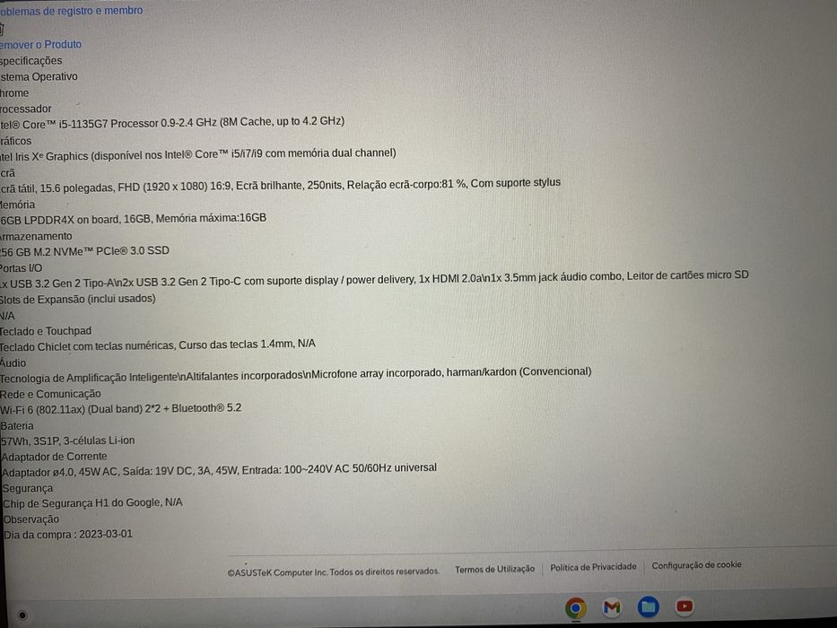 Asus Chromebook, Intel i5, 16GB RAM, SSD 256GB