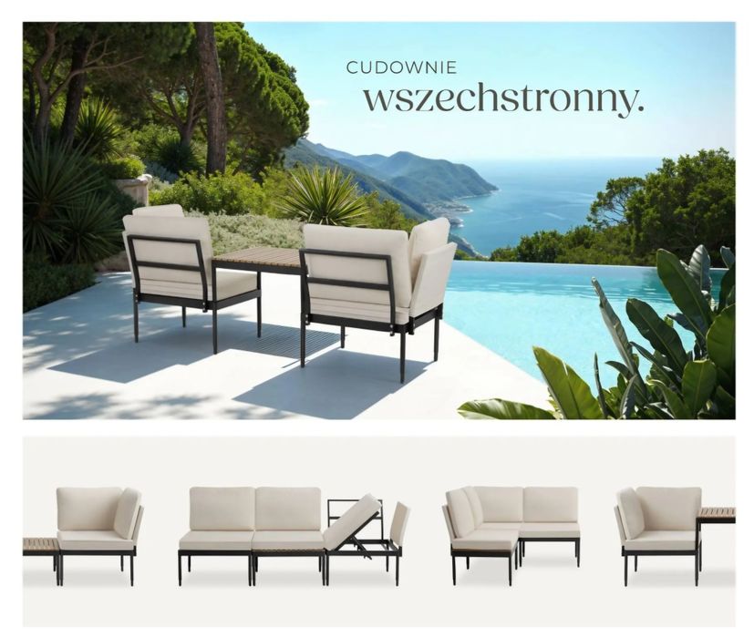 Zestaw mebli balkonowych/tarasowych, sofa lub fotele ze stolikiem.