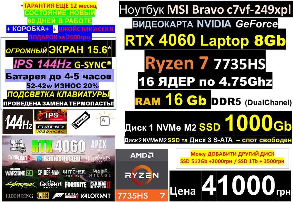 є 90 Ноутбуків‼️ГАРАНТИЯ 12 мес‼️MSI‼️RTX4060‼️Ryzen 7‼️SSD 1Tb/RAM 16