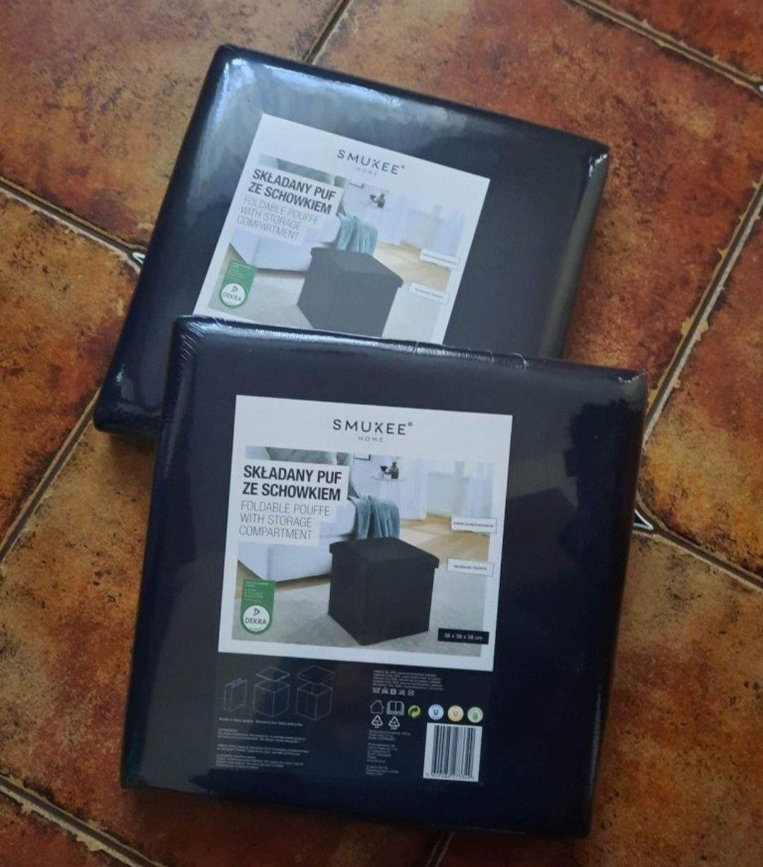 Nowe dwie czarne puf pufy składane ze schowkiem 38 x 38 x 38 cm