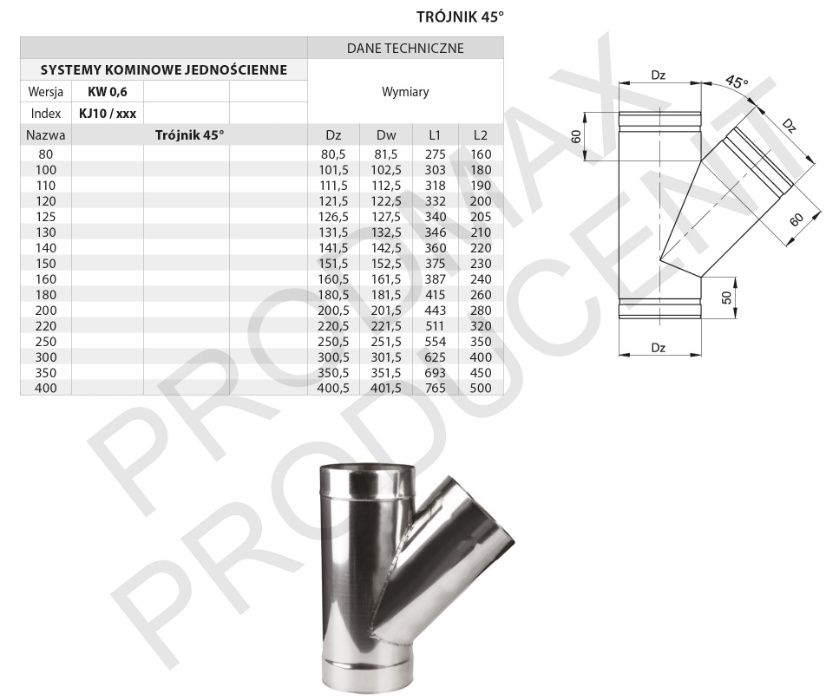 OKAZJA!!! TRÓJNIK 45 Wkład Kominowy FI 150 Kwasoodporna PRODUCENT