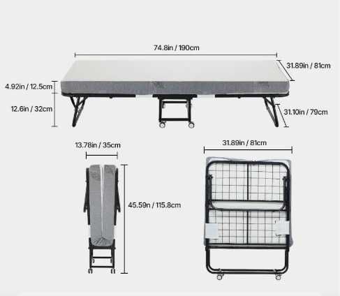2x Cama dobrável de solteiro, estrutura de metal resistente e colchão