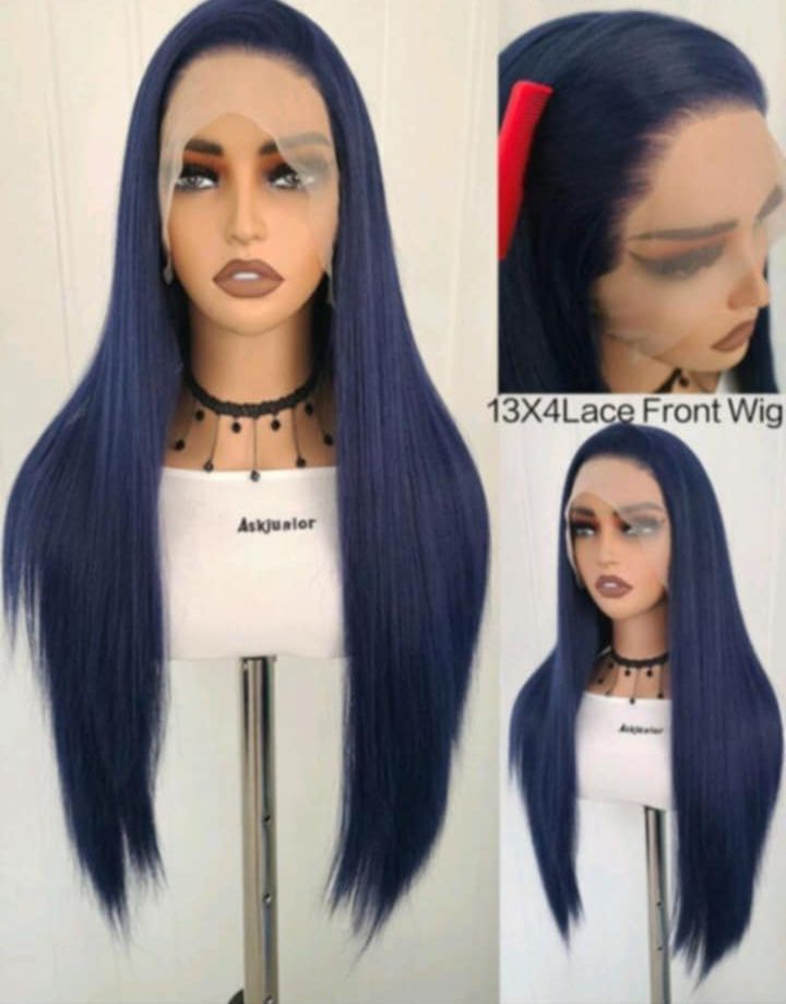 Peruka lace front granatowa proste długie włosy