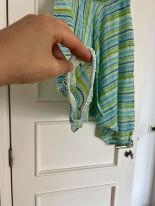 Calças balão às riscas azuis e verdes, 100% algodão