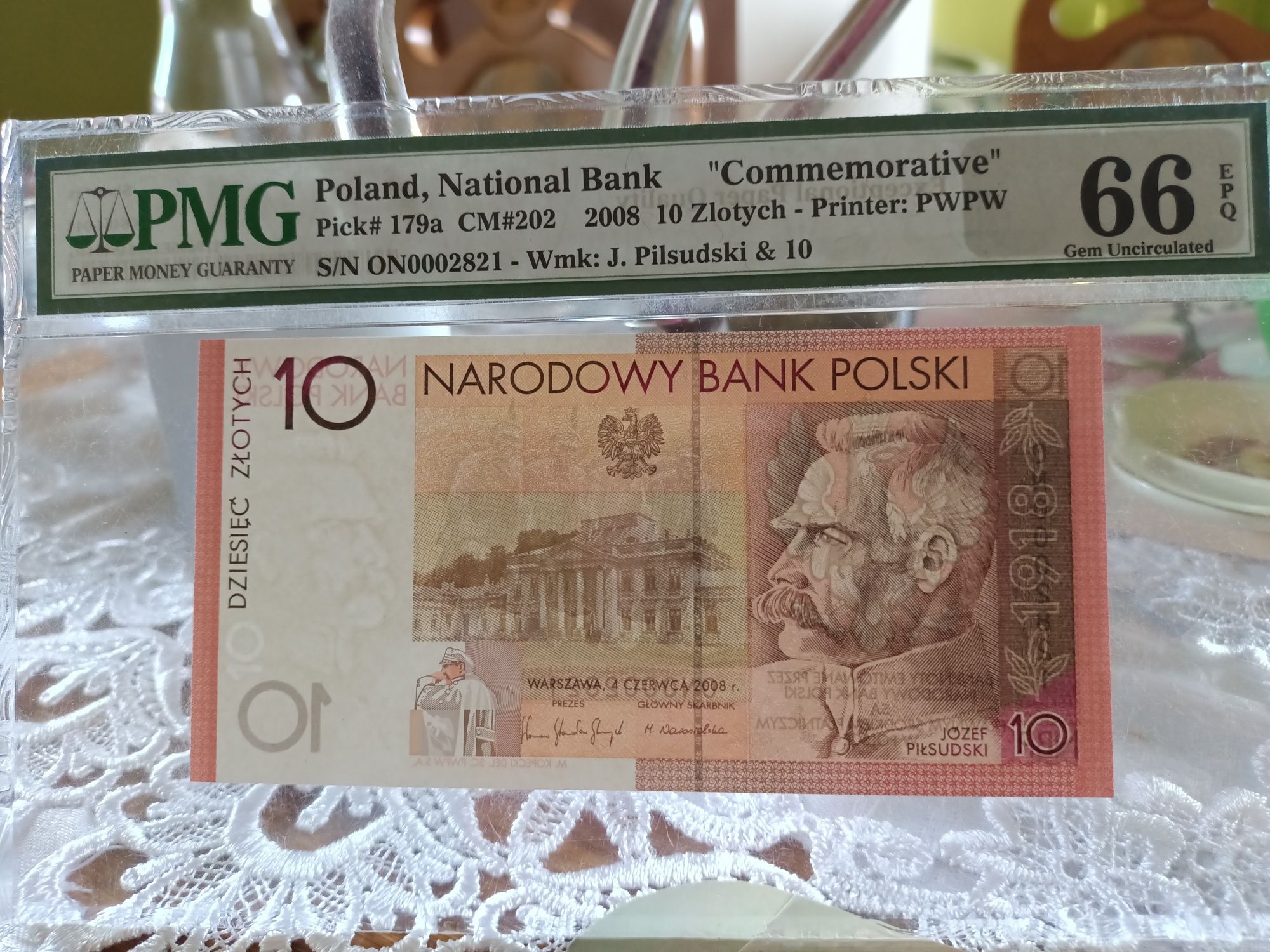 Banknot - Piłsudski - Niepodległość - PMG 66 niski numer - Prezent