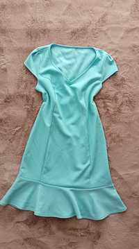 Letnia niebieska sukienka S M 36 38 z rękawkiem i falbanką