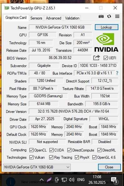 Відеокарта Gigabyte Geforce GTX 1060 6Gb
