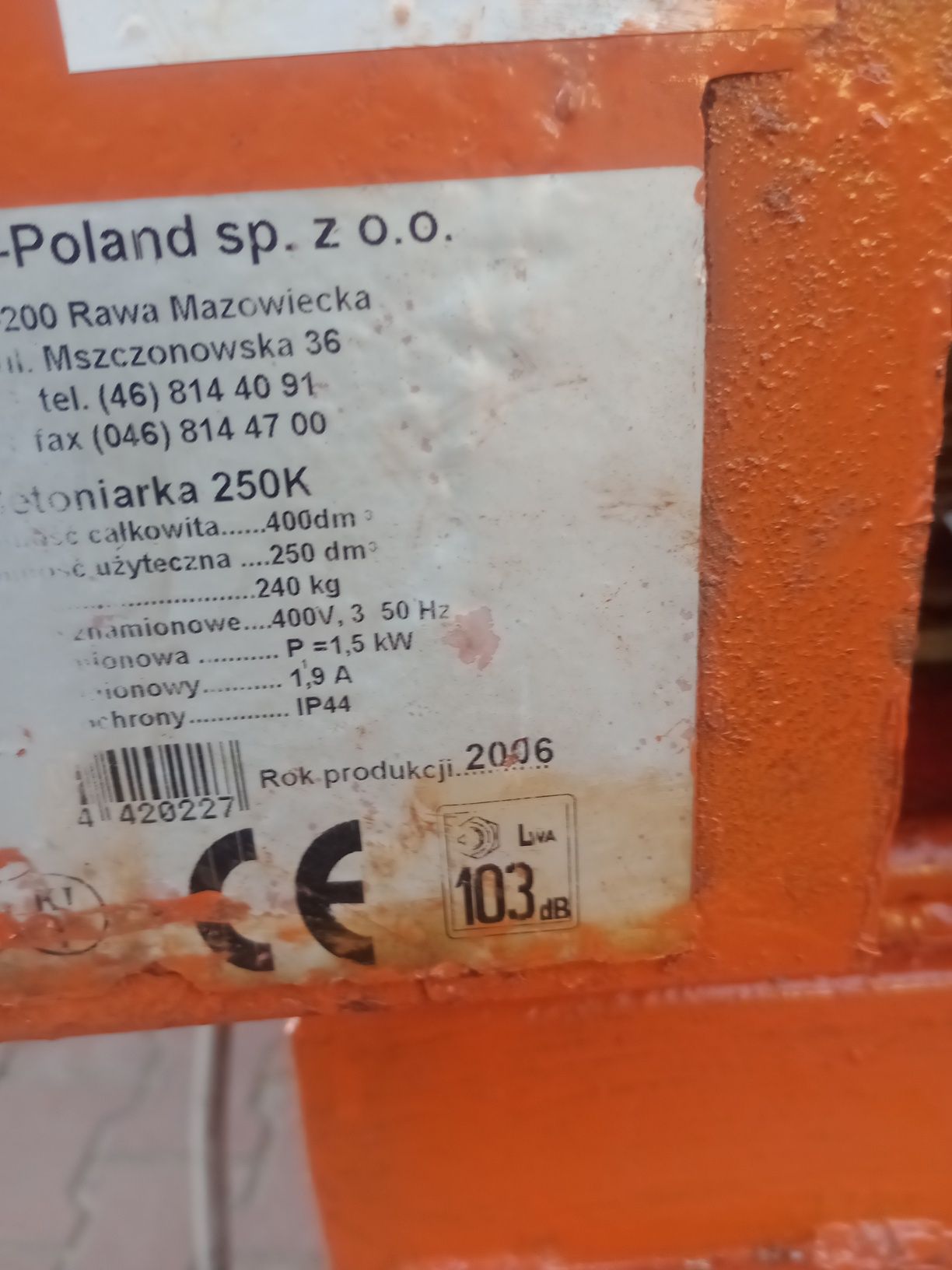 Betoniarka duża polskiej produkcji 250 l poj 400 v