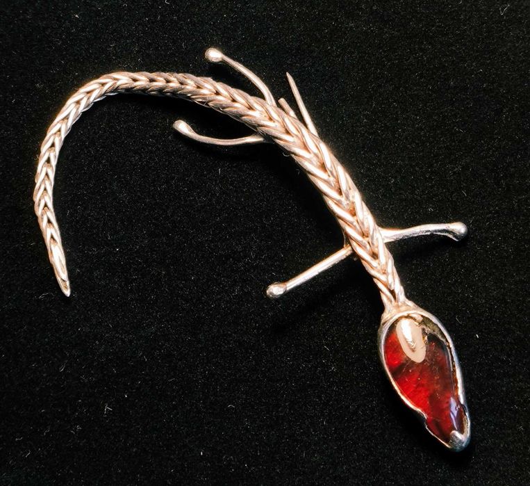 Srebro Bursztyn Piękna Duża Srebrna  Brosza z Bursztynem Antyk Secesja