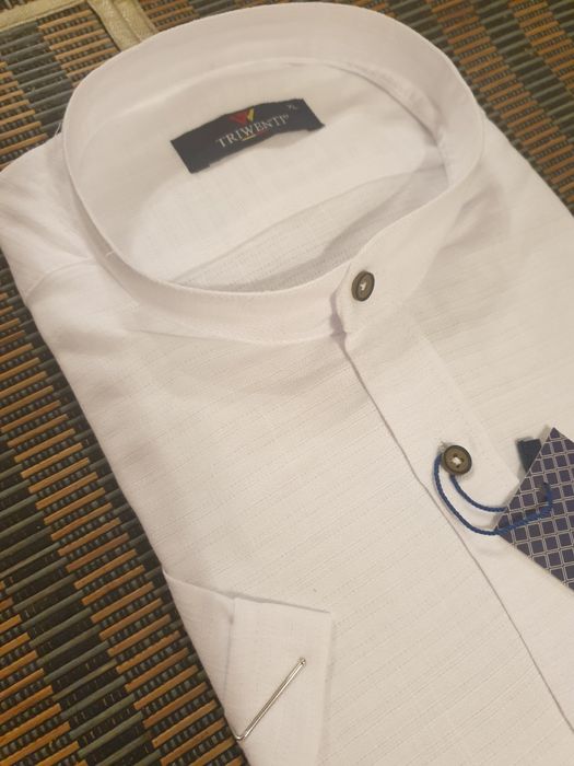 Lniana biała koszula męska ze stójką krótki rękaw M,L,XL, 5XL