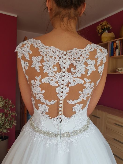 Suknia ślubna Vanilla Sposa r. 38,tren,biała ORGANTYNA, koronka