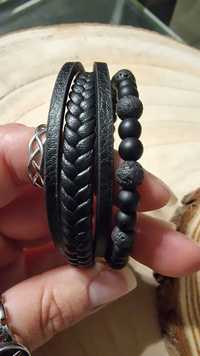 Pulseira bracelet couro aço inoxidável  contas vulcânicas homem