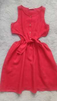 Lniana czerwona sukienka Zara