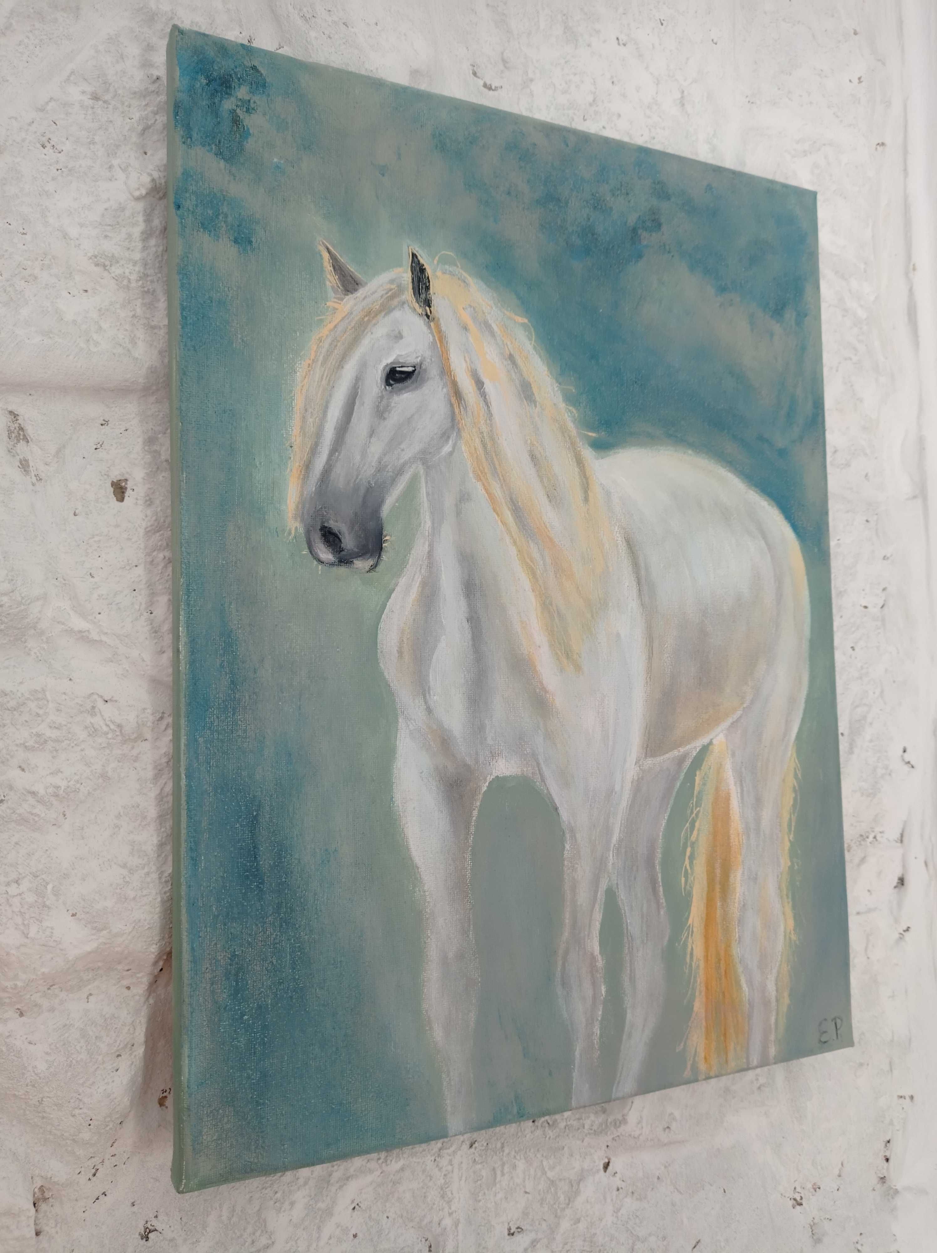 Koń biały obraz  40x30 rękodzieło płótno