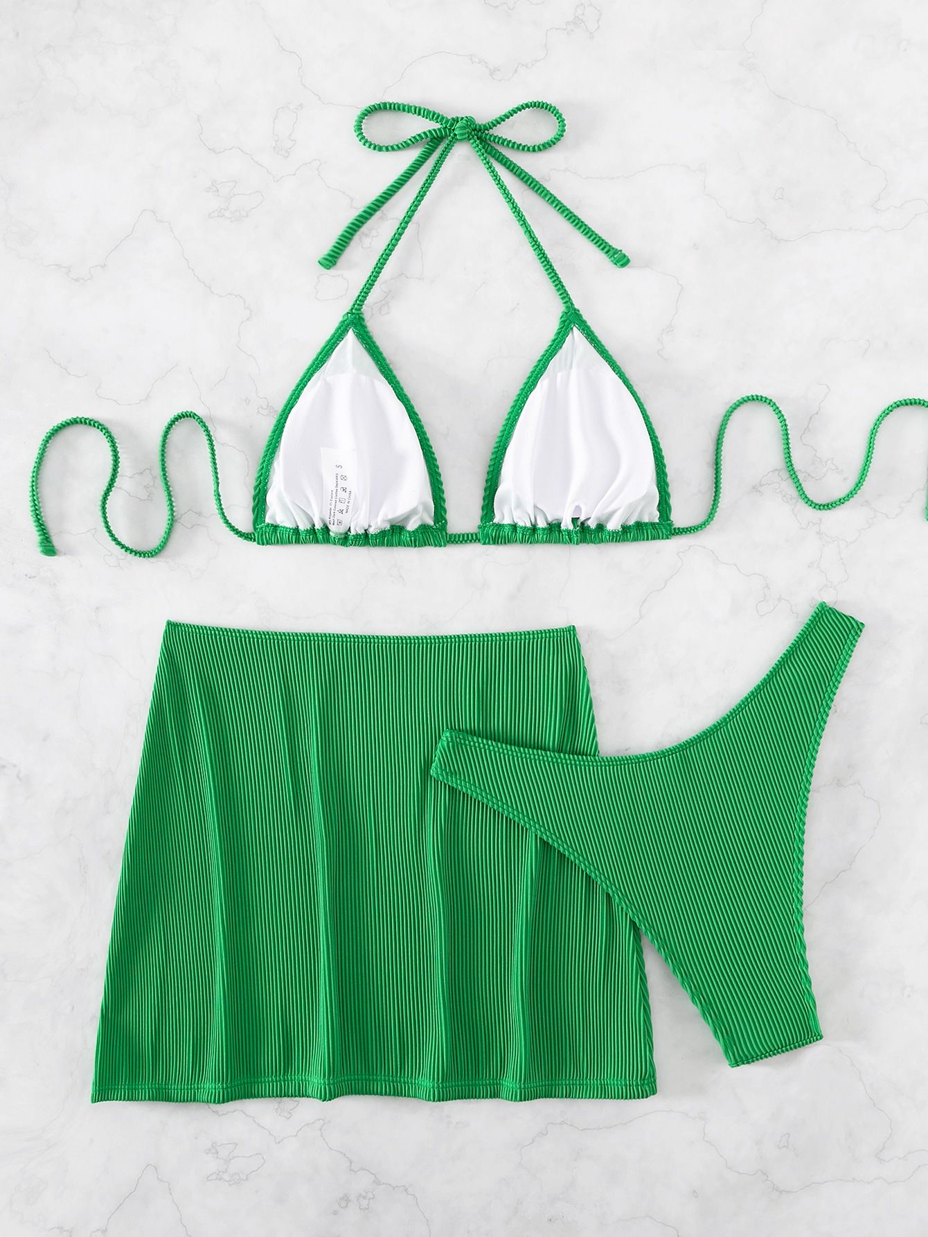 Strój Kąpielowy Bikini Prążkowany Wiązany Na Szyi + Pareo Zielony M