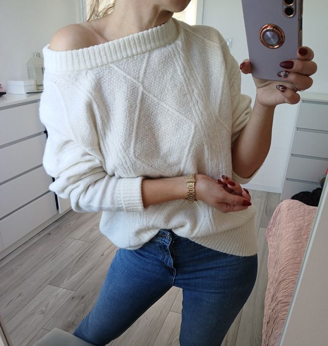Kremowy sweter oversize warkocze gruby splot Xxl xl L