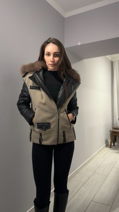 Зимова куртка трансформер косуха авіатор кашемір шкіра з хутром песця