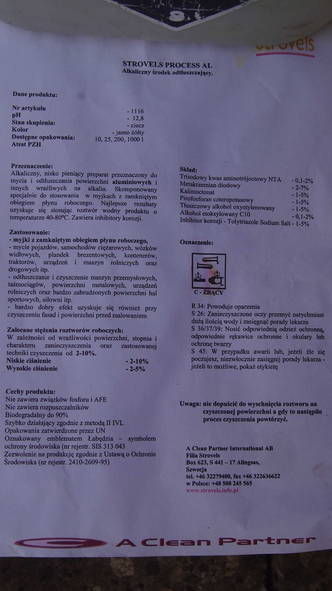 Strovels Process AL Czyszczenie pojazdów silników hal maszyn itp 25l