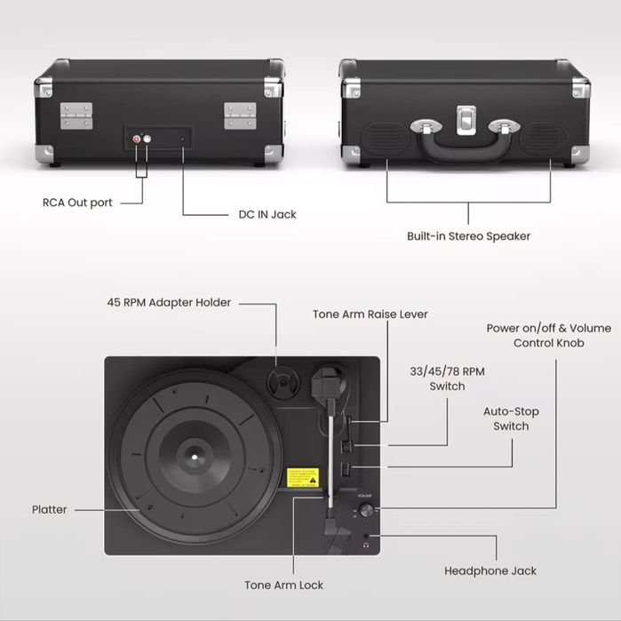 Toca-Discos Vintage com Bluetooth e 3 Velocidades - Mala Retro