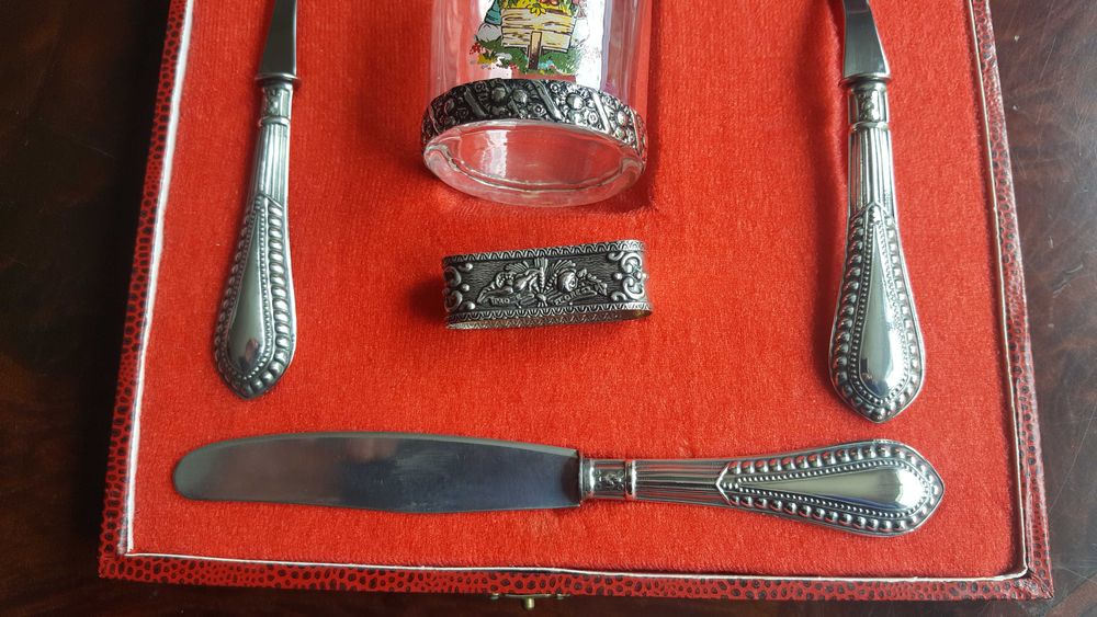 Estojo completo talher, copo e argola criança cabo em prata