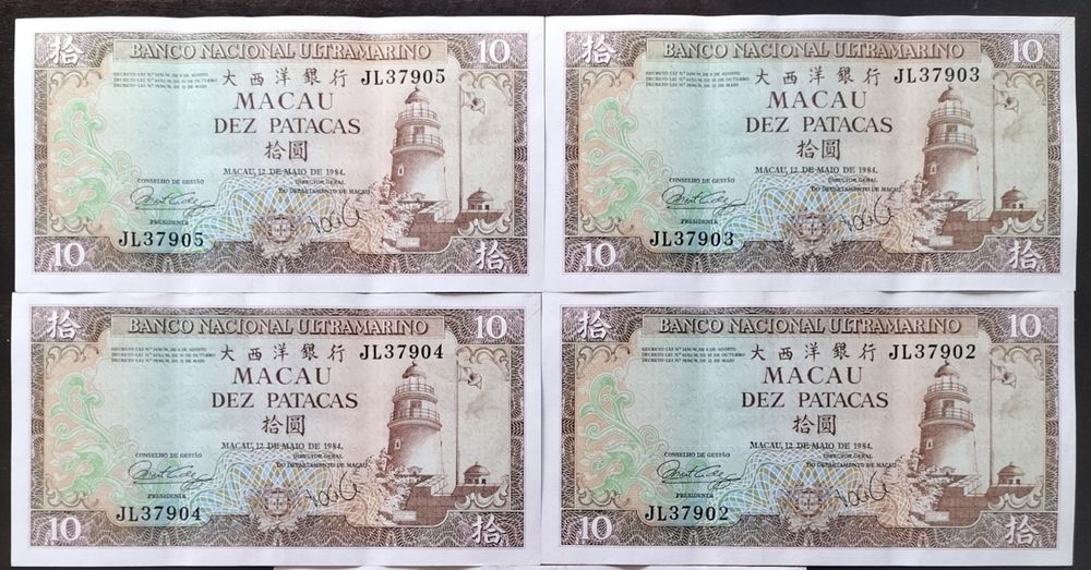 Lote 4 Notas 10 Patacas 1984 Macau Estado Novas e Números Seguidos
