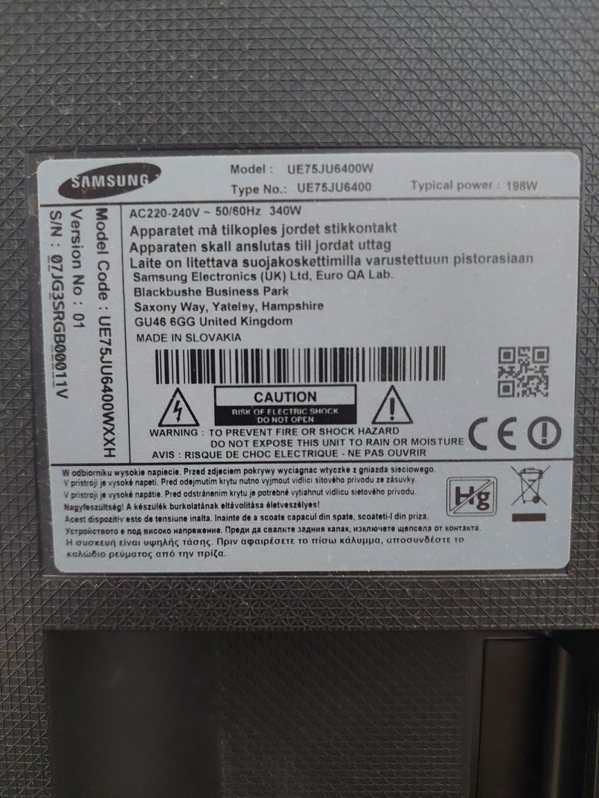 Telewizor samsung 75 cali uszkodzony