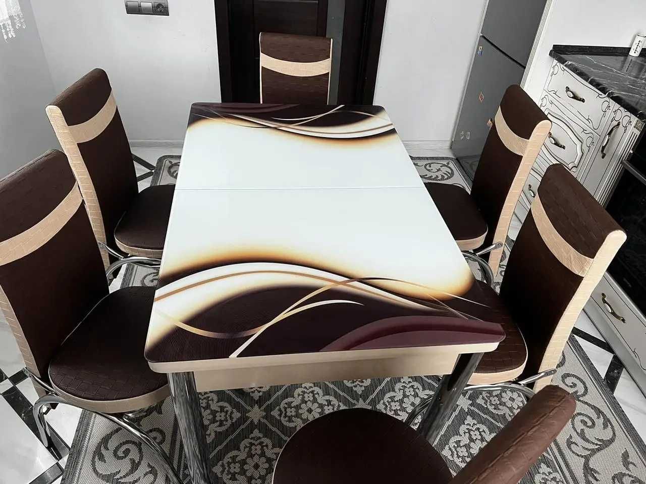 Комплект стола + 6 стульев. На кухню, для гостей. Мраморный