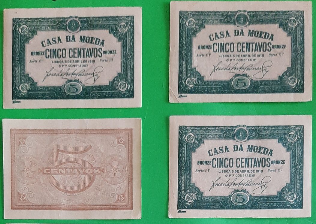 9 Cédulas Portuguesas de 5 Centavos de 1918. Muito bom estado. Raras