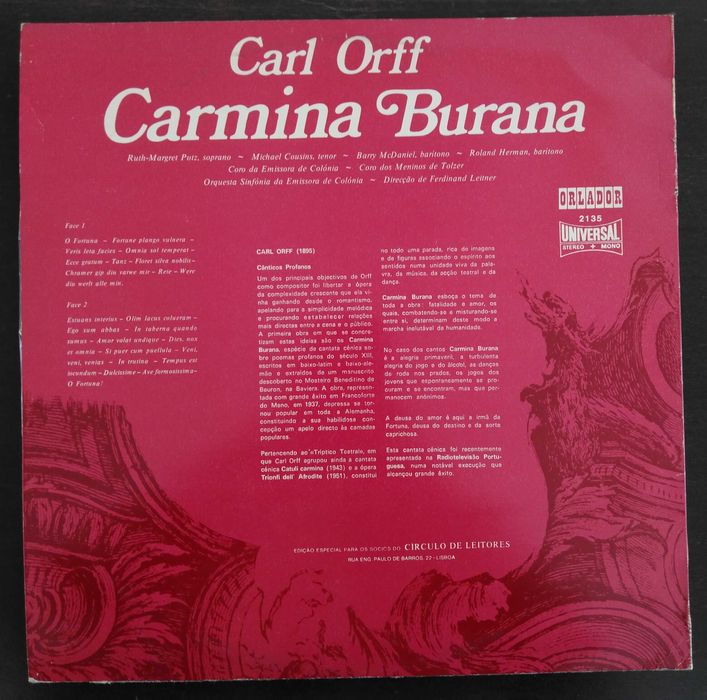 vinil: Orquestra Sinfónica Emissora de Colónia, etc. "Carmina Burana"