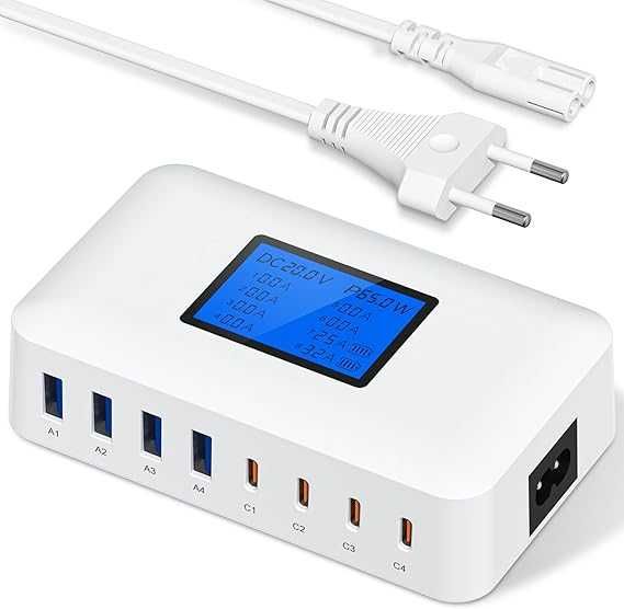 Ładowarka USB 200 W, 8-portowa ładowarka USB C z PD 65 W i QC 18 W