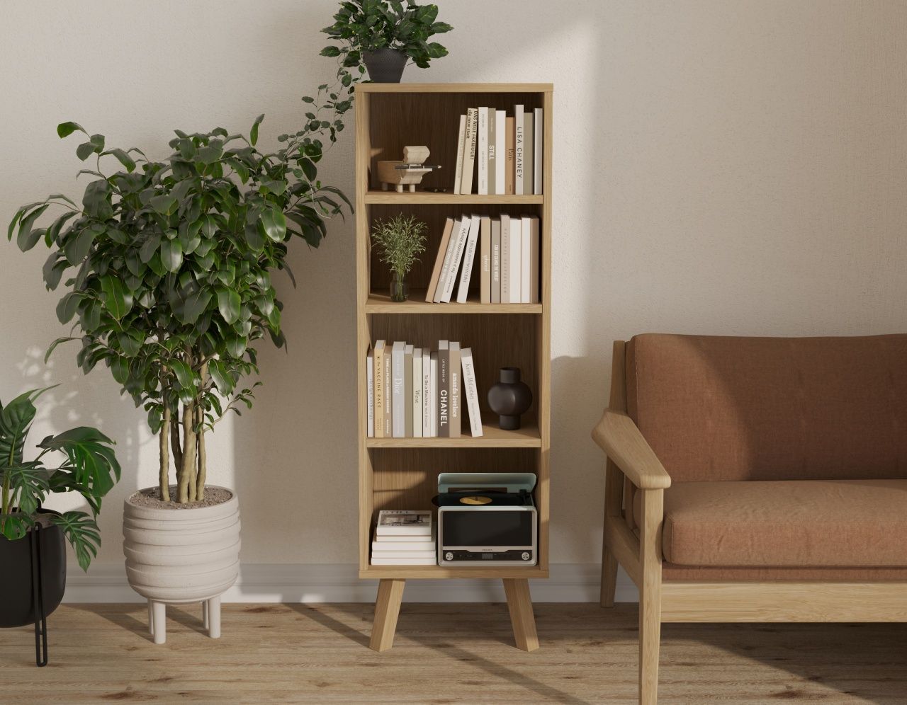 Drewniany regał z 4 półkami 136 cm (dąb fornir)