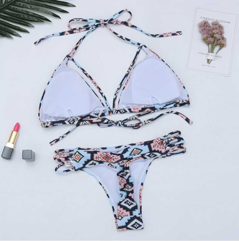 Bikini Stringi BOHO Strój Kąpielowy Wiązany Kostium Dwuczęściowy S
