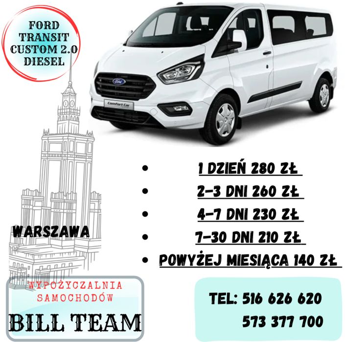 Wynajem busa Ford Transit Custom 2.0 D 130km / 9 osobowy / 2022r. /