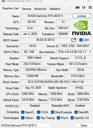 Видеокарта NVIDIA RTX 4070Ti ASUS ROG STRIX O12G  (OC Edition)