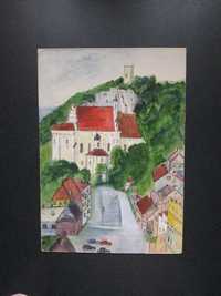 Obraz malowany akwarela/karton Kazimierz Dolny-krajobraz  lata 50