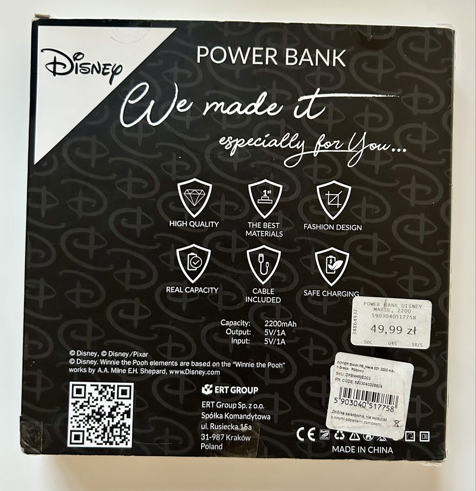 PowerBank kotek Disney Marie. Różowy. Pojemność 2200 mAh