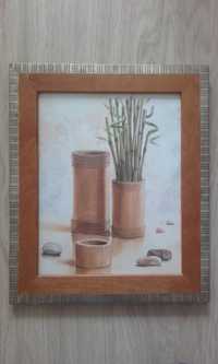 Obrazek z szeroką ramką, motyw: bambus, kamienie, jasne tlo