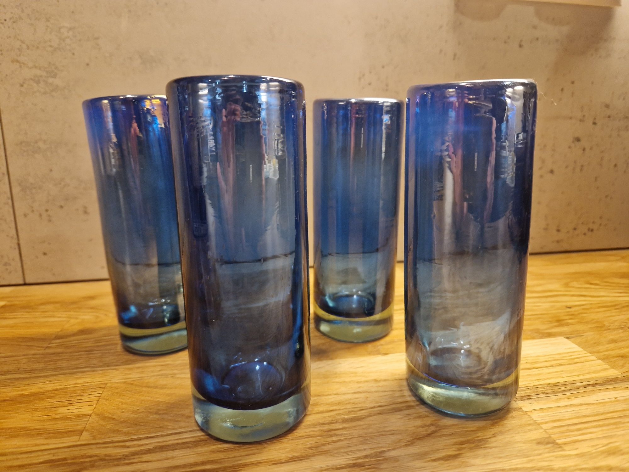 Grube szkło 4 szklaneczki PRL kobaltowe lampiony
