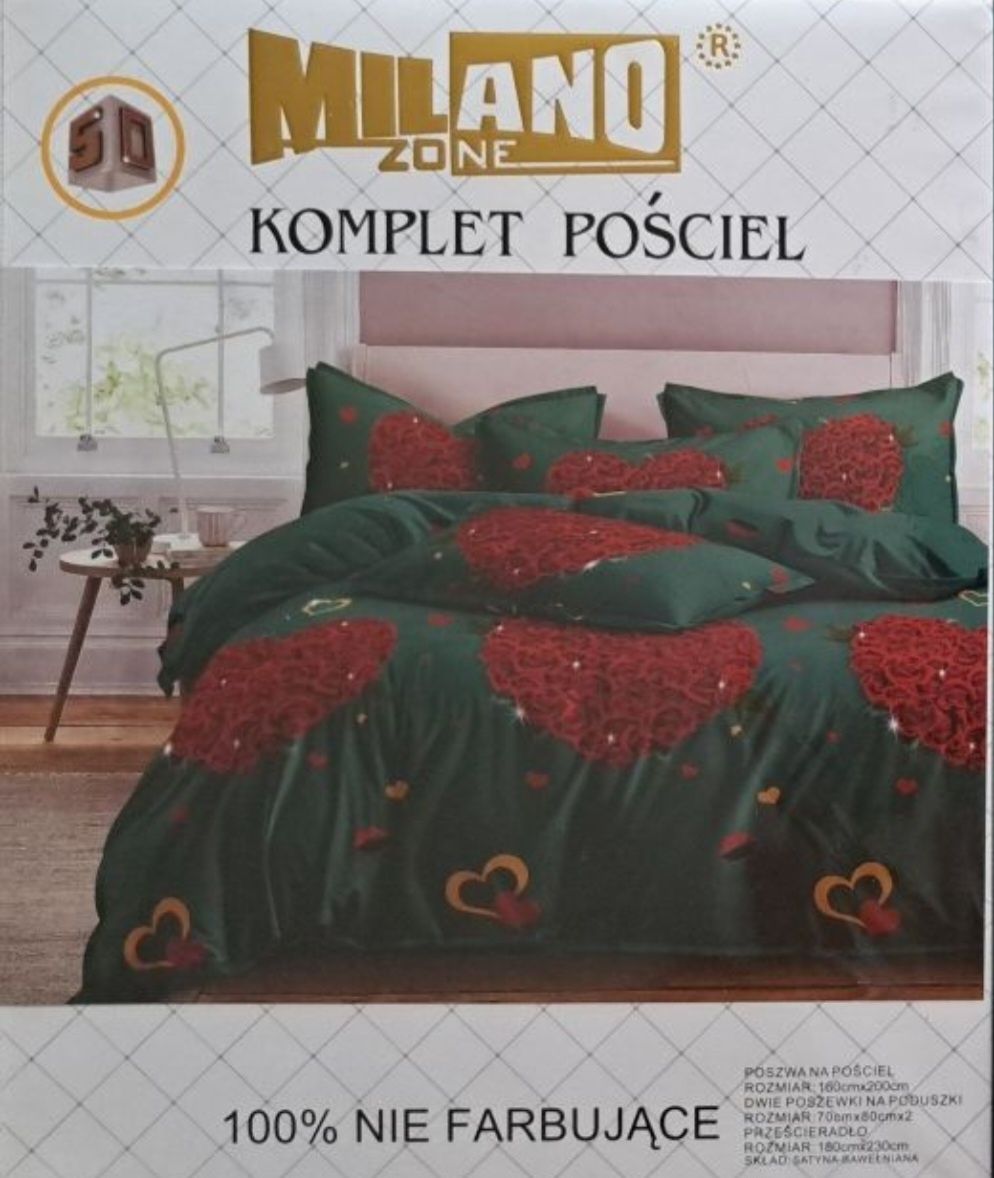 Komplet pościel 160x200 w serca i róże butelkowa zieleń